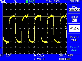 Ausgangstreiber mit mehr Power: Signalhub eines HTL-Signals nach 300 m bei 100 °C und 100 kHz (a). Bei gleichen Testbedingungen im Vergleich der Signalhub eines konventionellen Drehgebers (b).